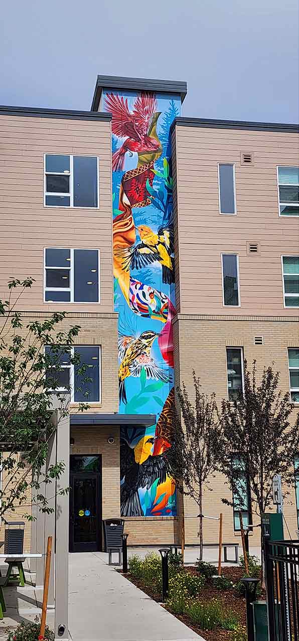Carriers Of The Wind mural by Bimmer Torres at Sapling Gorve Apartments in Aurora Colorado