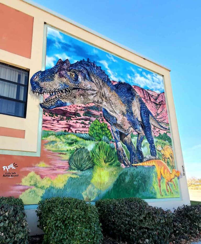 Dinosaur Journey mural by Bimmer Torres in Fruita Colorado