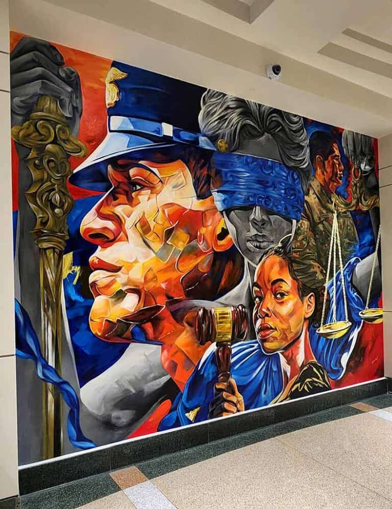 Multicultural Equilibrium poly tab cloth mural at the Aurora Municipal Courthouse Bimmer Torres