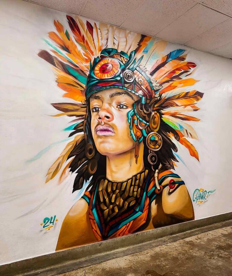 Yaotecatl Warrior mural in progress by Bimmer Torres at Lake Middle School in Denver