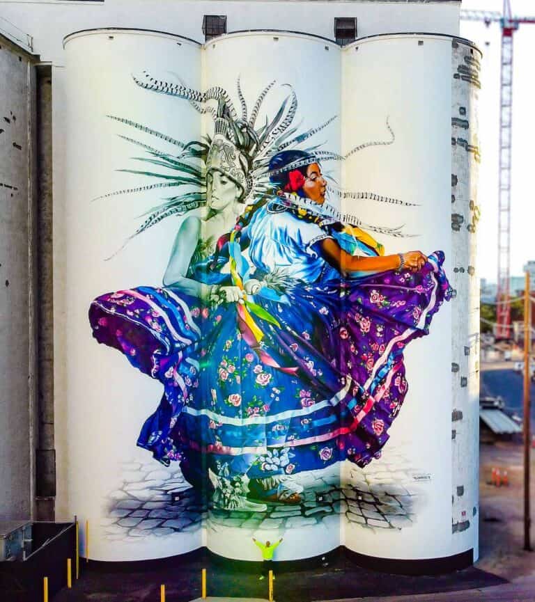 Mitotli - A Dance mural by Bimmer Torres at Ardent Mills in Denver, Colorado