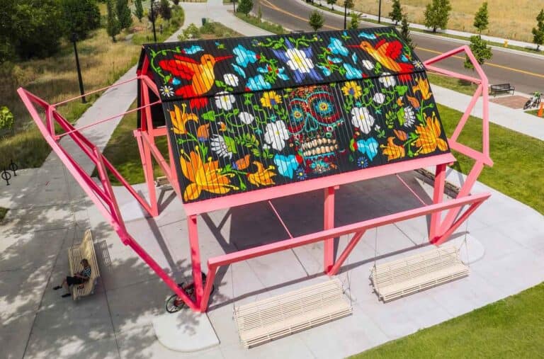 Sacred Threads mural installation by Bimmer Torres at the National Western Center